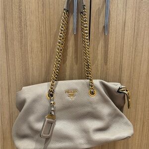 Prada Taupe Pebbled Leather Shoulder Bag with Gold Chain Straps